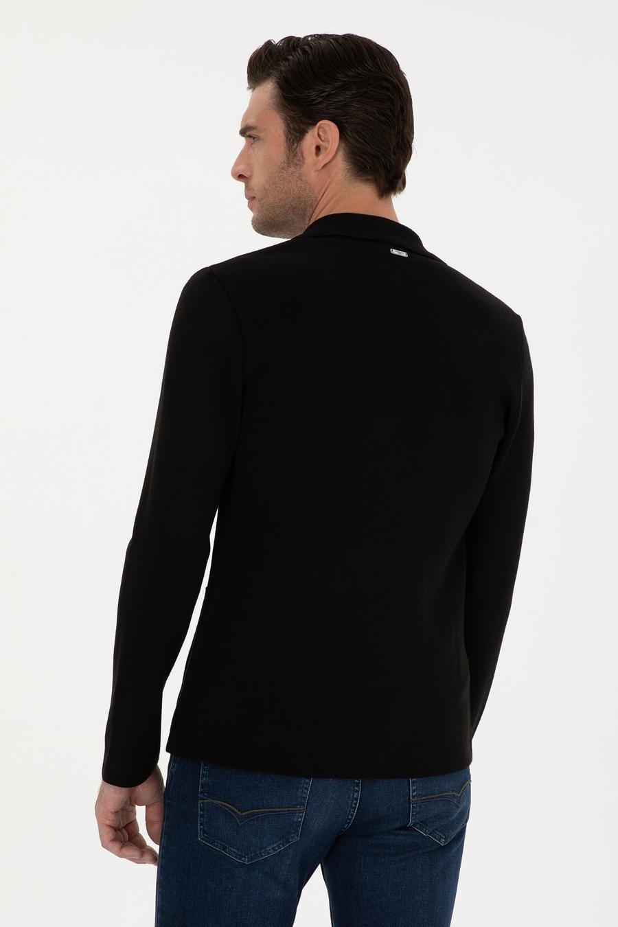 Siyah Slim Fit Yün Karışımlı Kruvaze Triko Hırka - 50296283009