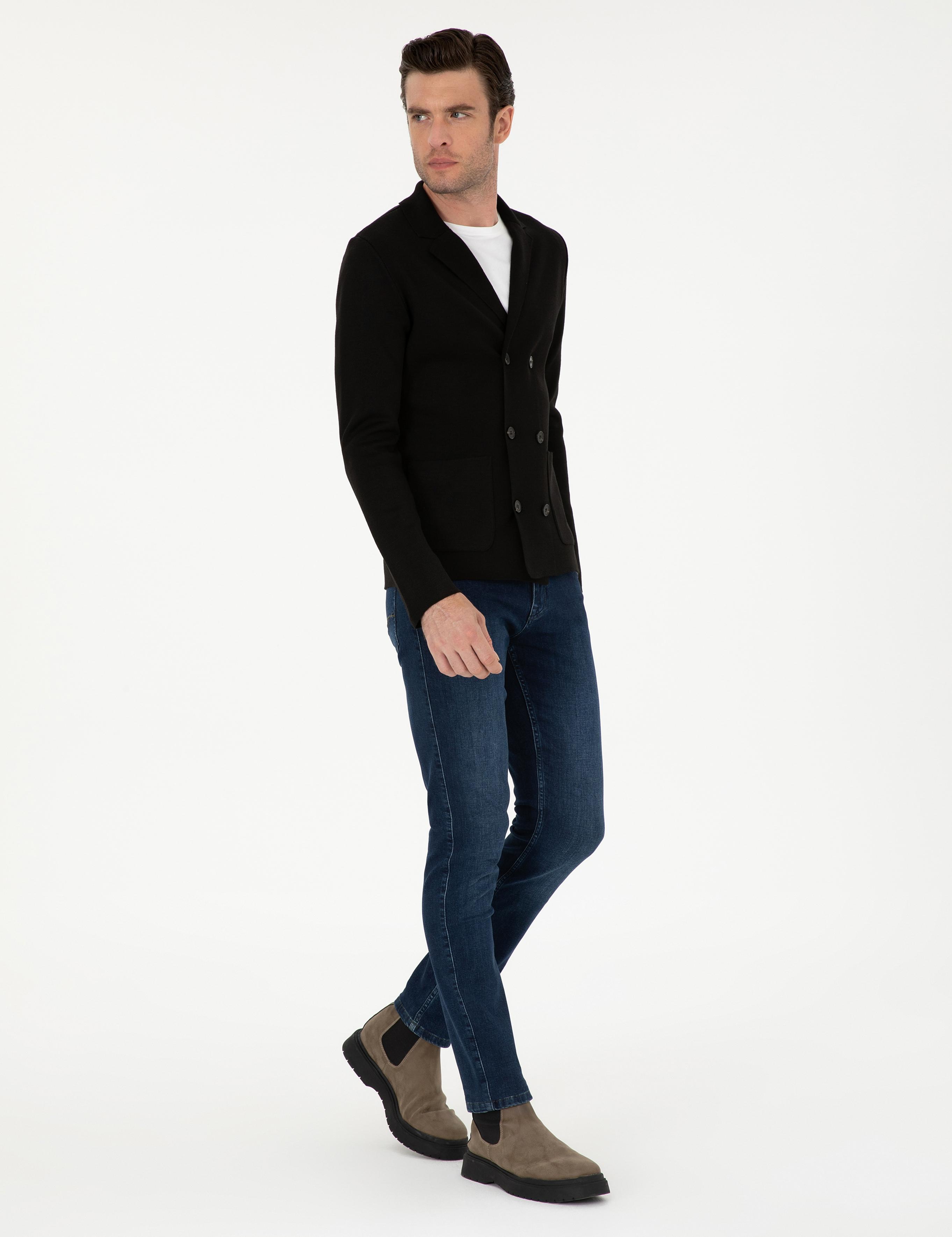 Siyah Slim Fit Yün Karışımlı Kruvaze Triko Hırka - 50296283009