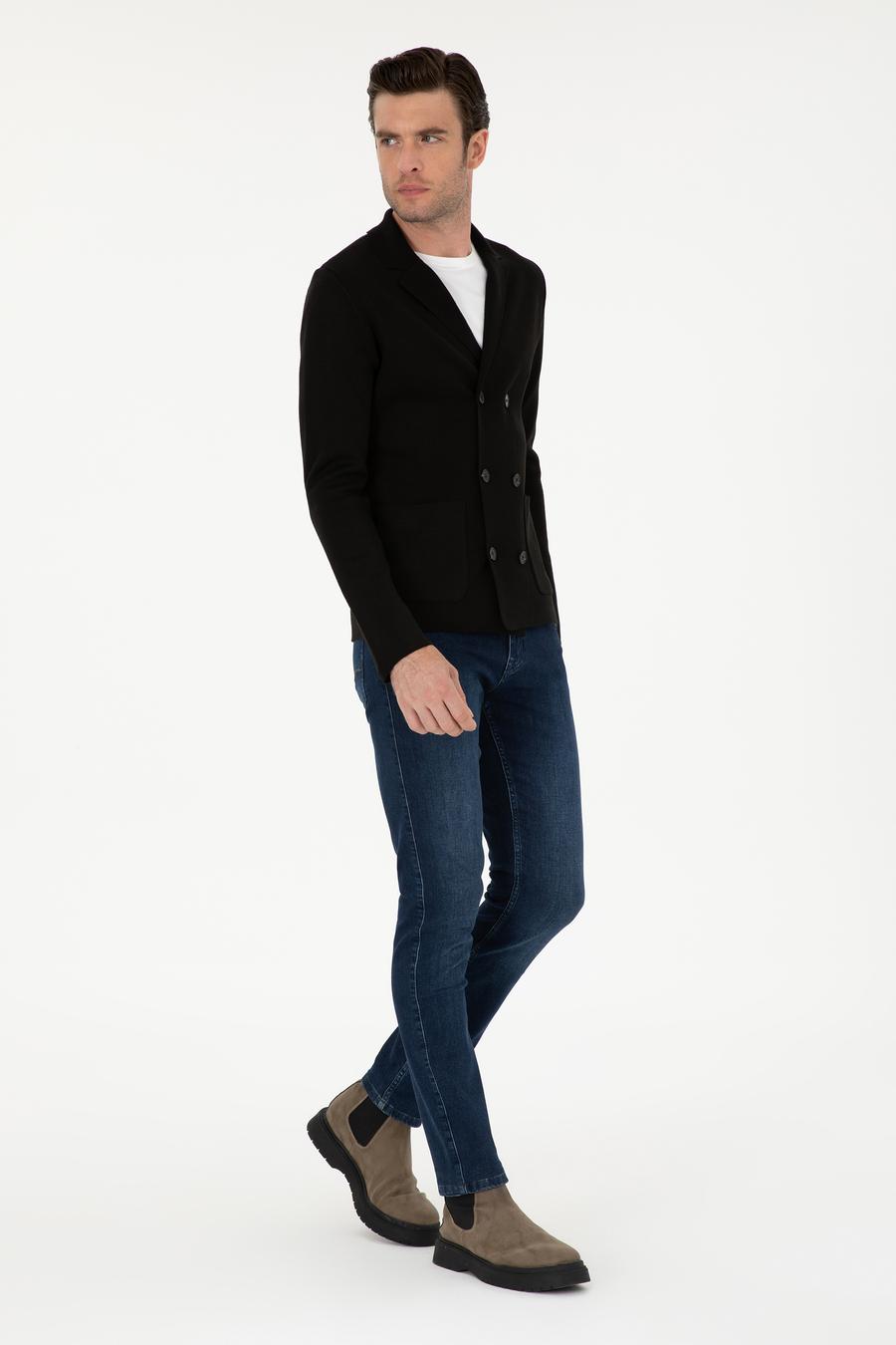 Siyah Slim Fit Yün Karışımlı Kruvaze Triko Hırka - 50296283009