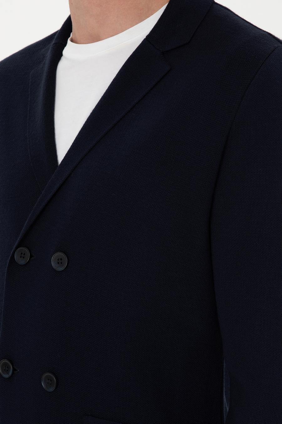 Lacivert Slim Fit Yün Karışımlı Kruvaze Triko Hırka - 50296283020
