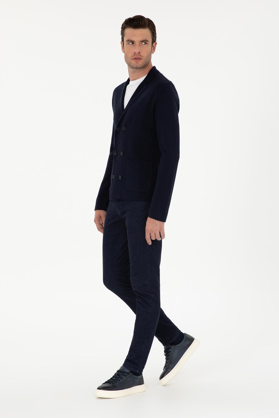 Lacivert Slim Fit Yün Karışımlı Kruvaze Triko Hırka - 50296283020