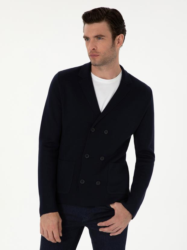 Lacivert Slim Fit Yün Karışımlı Kruvaze Triko Hırka