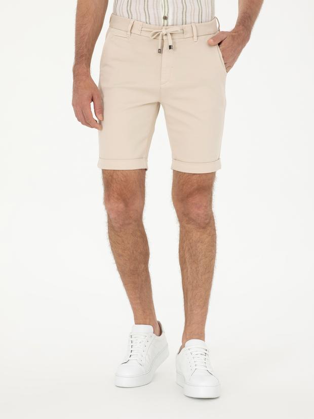 Bej Regular Fit Beli Bağcıklı Şort