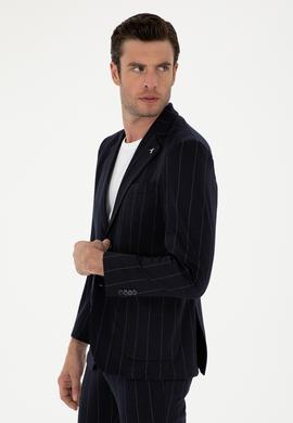 Koyu Lacivert Slim Fit Çizgili Yün Karışımlı Ceket