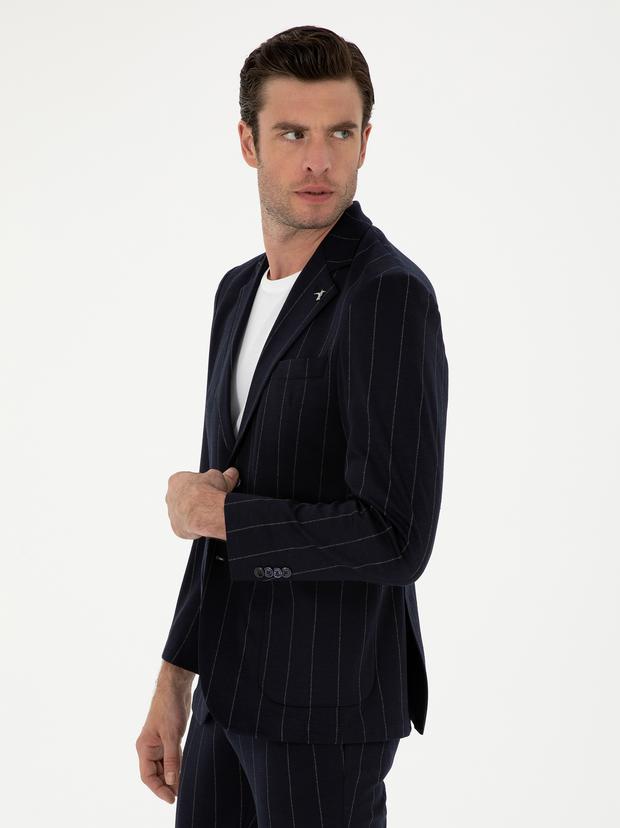 Koyu Lacivert Slim Fit Çizgili Yün Karışımlı Ceket