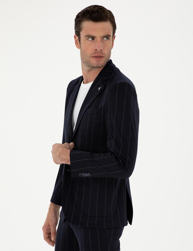 Koyu Lacivert Slim Fit Çizgili Yün Karışımlı Ceket