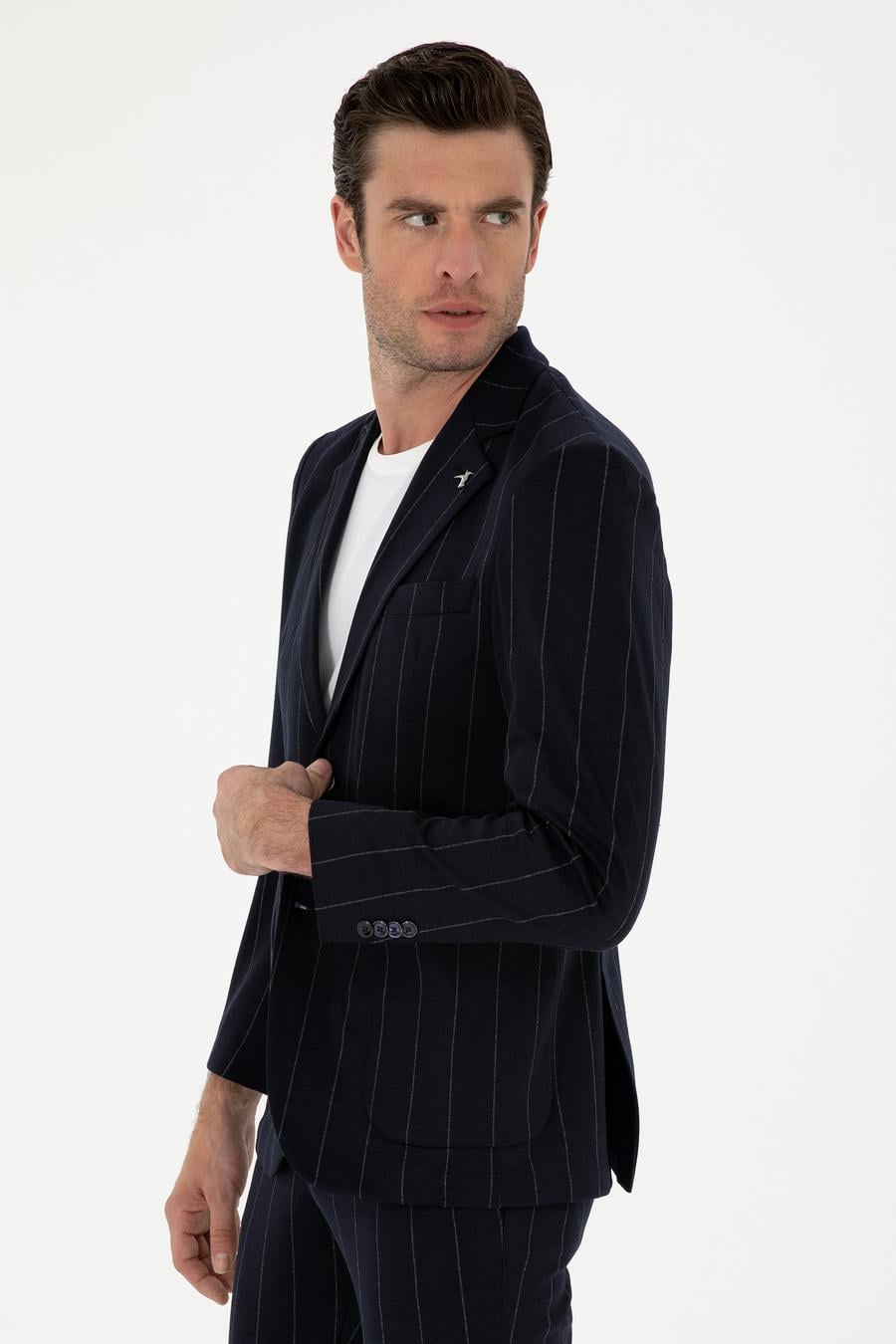 Koyu Lacivert Slim Fit Çizgili Yün Karışımlı Ceket - 50284820014