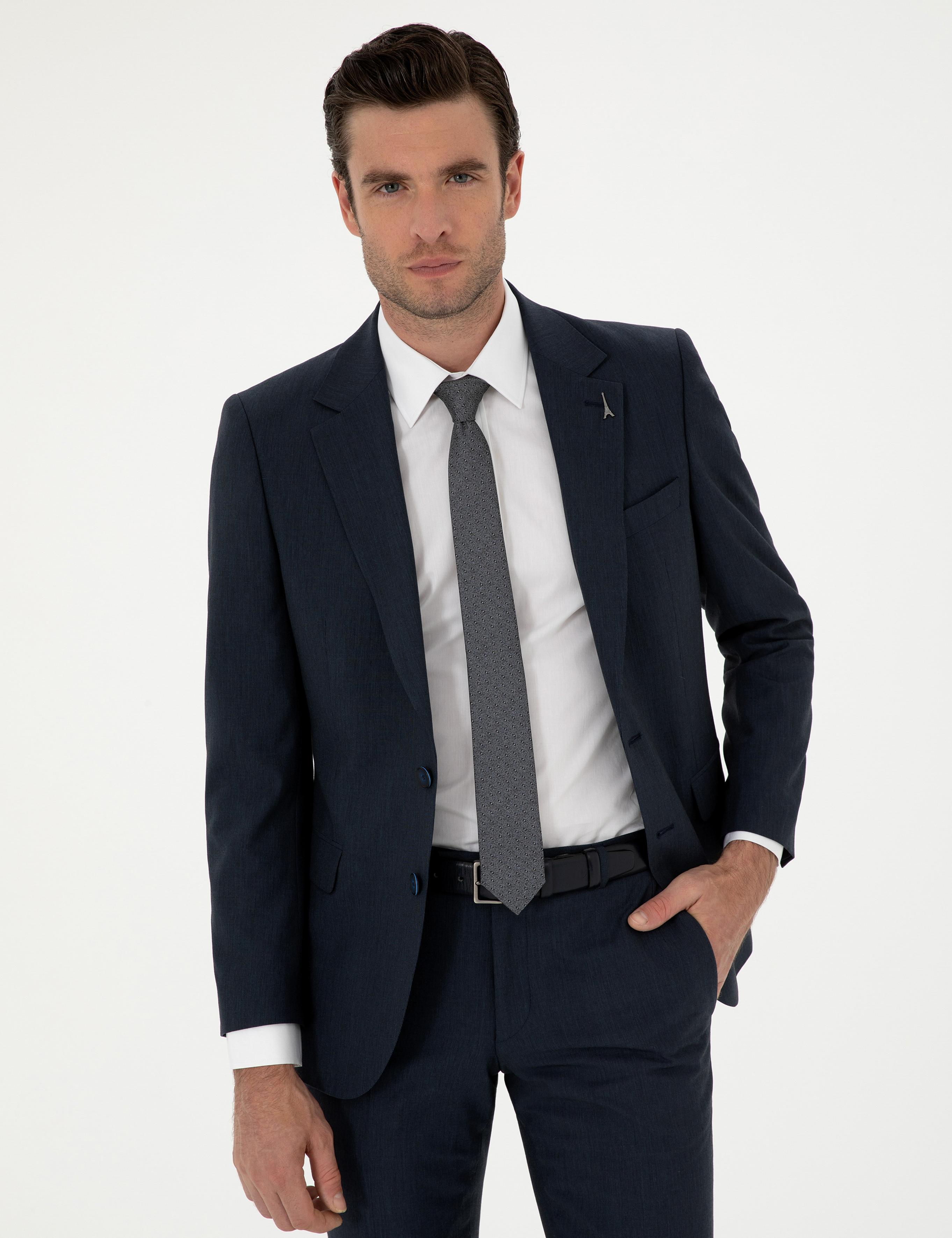 Lacivert Slim Fit Yün Karışımlı Takım Elbise - 50293932014