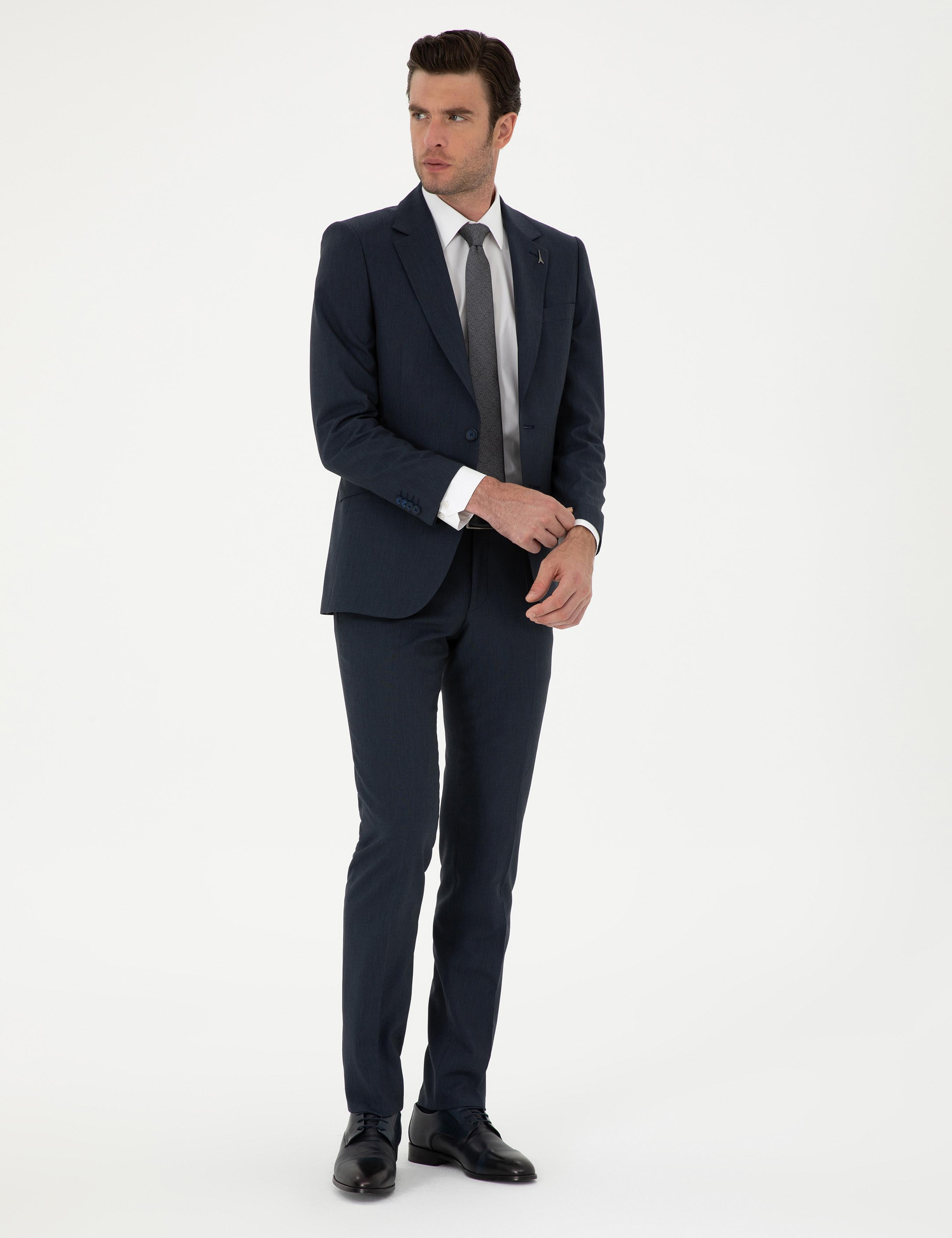 Lacivert Slim Fit Yün Karışımlı Takım Elbise - 50293932014