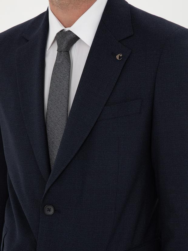 Lacivert Slim Fit Yün Karışımlı Mikro Desenli Takım Elbise