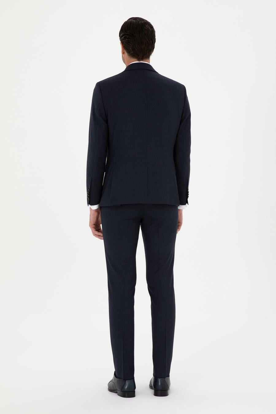 Lacivert Slim Fit Yün Karışımlı Mikro Desenli Takım Elbise - 50288315024