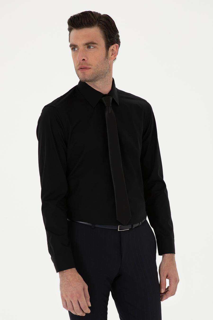 Siyah Slim Fit Pamuk Klasik Gömlek - 50294746062