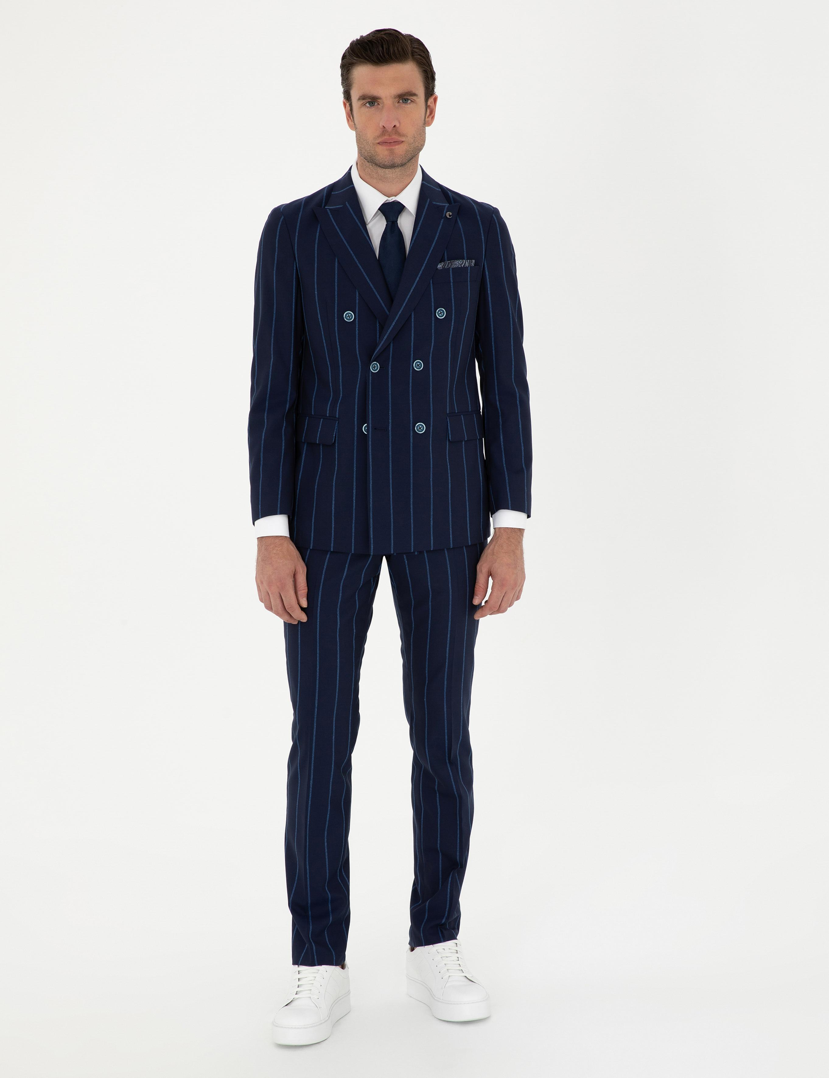 Lacivert Slim Fit Çizgili Yün Takım Elbise - 50284848005