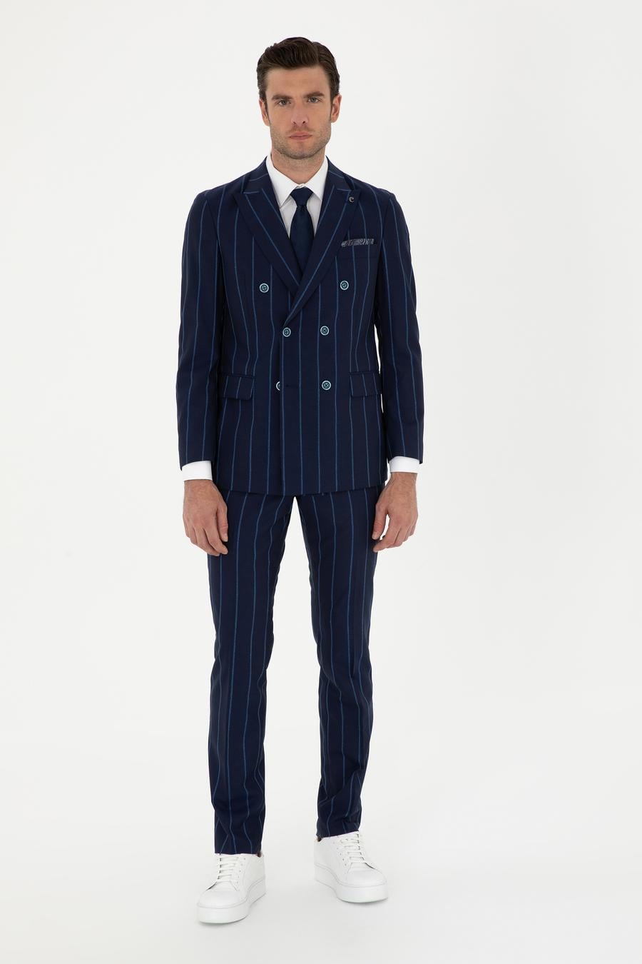 Lacivert Slim Fit Çizgili Yün Takım Elbise - 50284848005