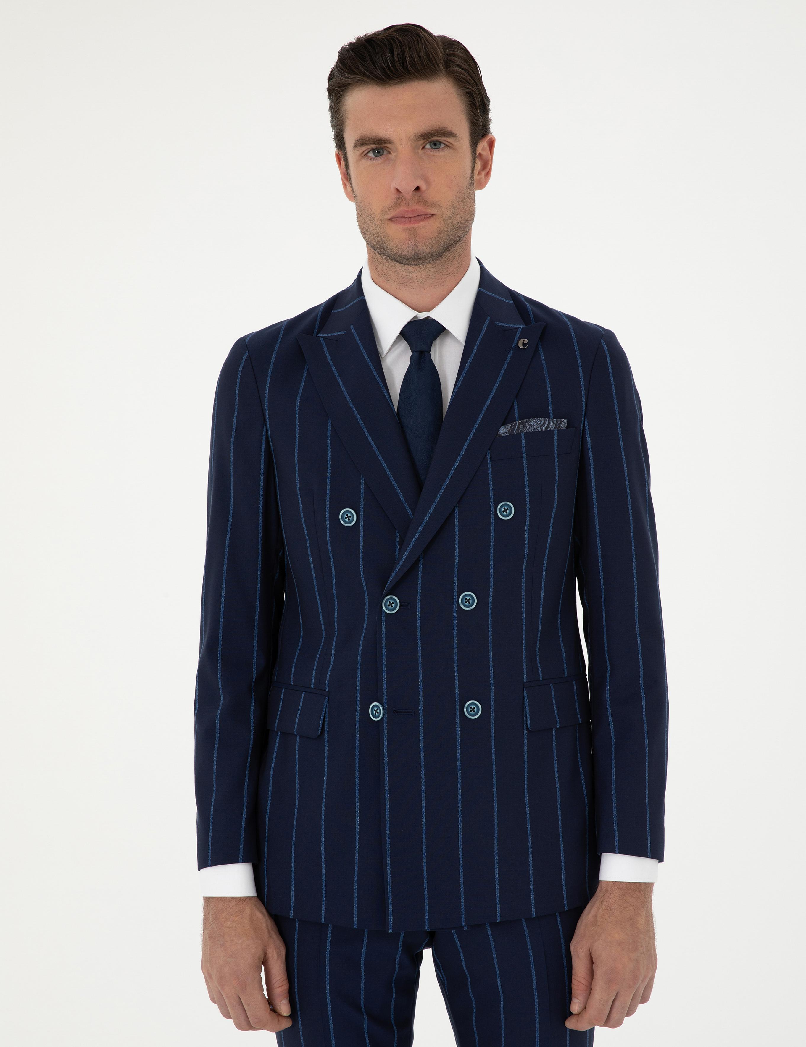 Lacivert Slim Fit Çizgili Yün Takım Elbise - 50284848005