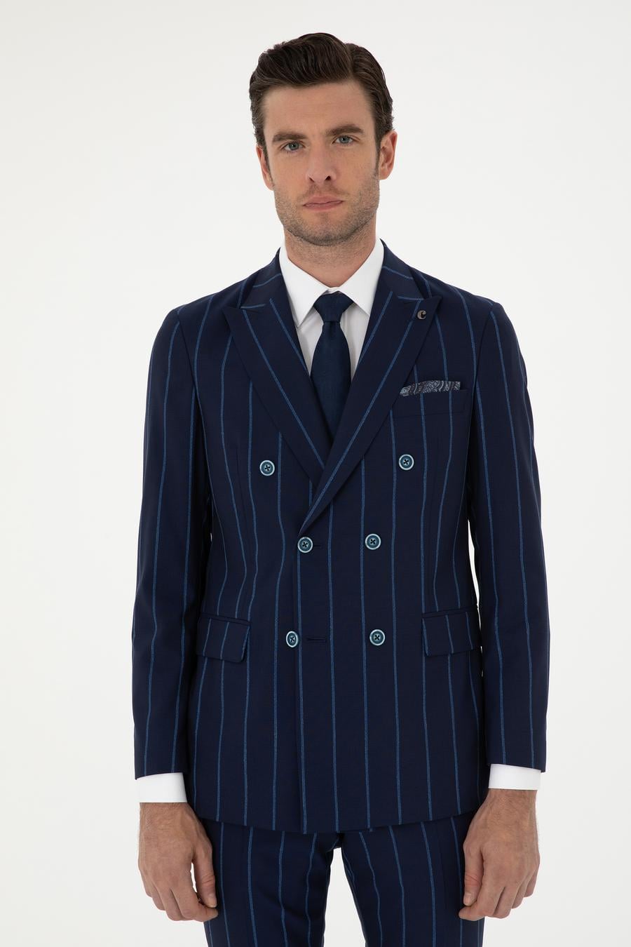 Lacivert Slim Fit Çizgili Yün Takım Elbise - 50284848005