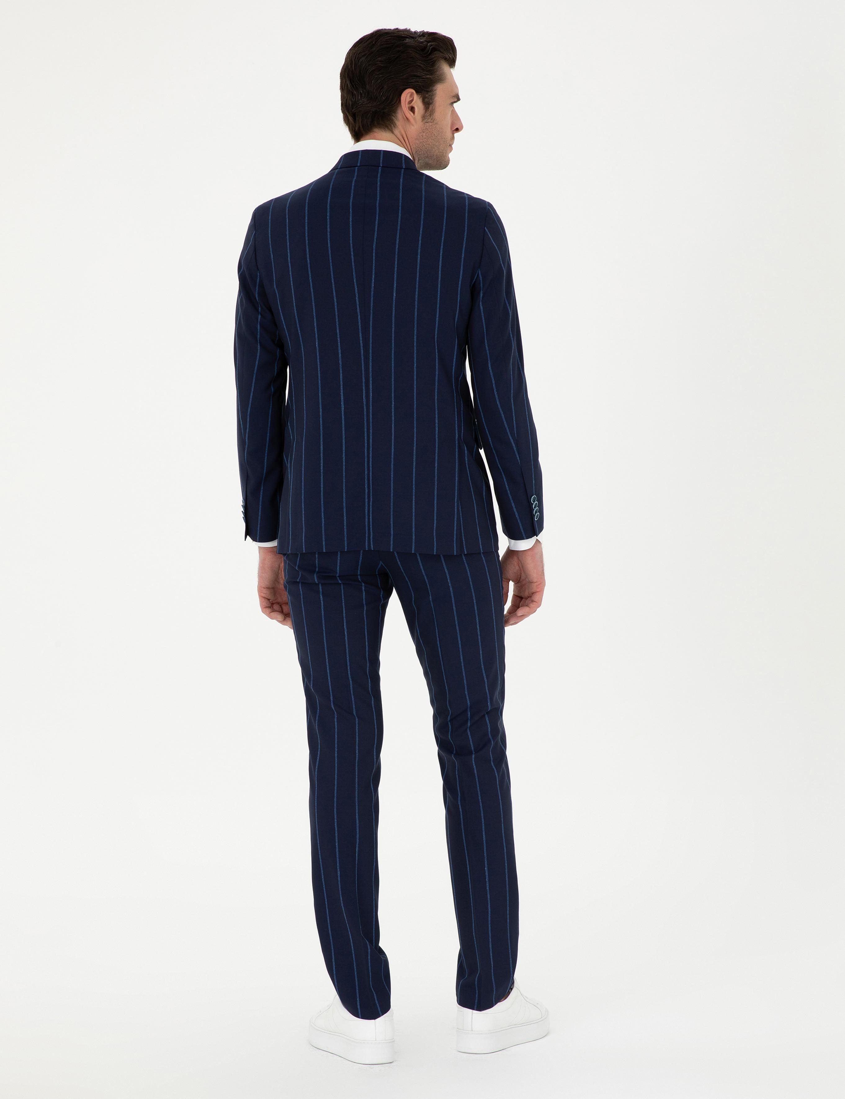 Lacivert Slim Fit Çizgili Yün Takım Elbise - 50284848005