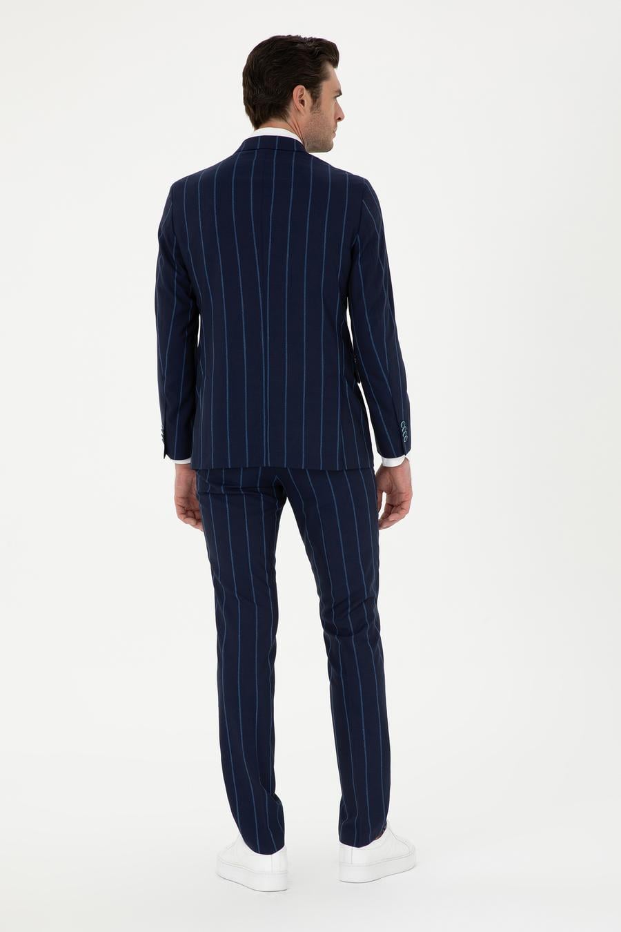 Lacivert Slim Fit Çizgili Yün Takım Elbise - 50284848005