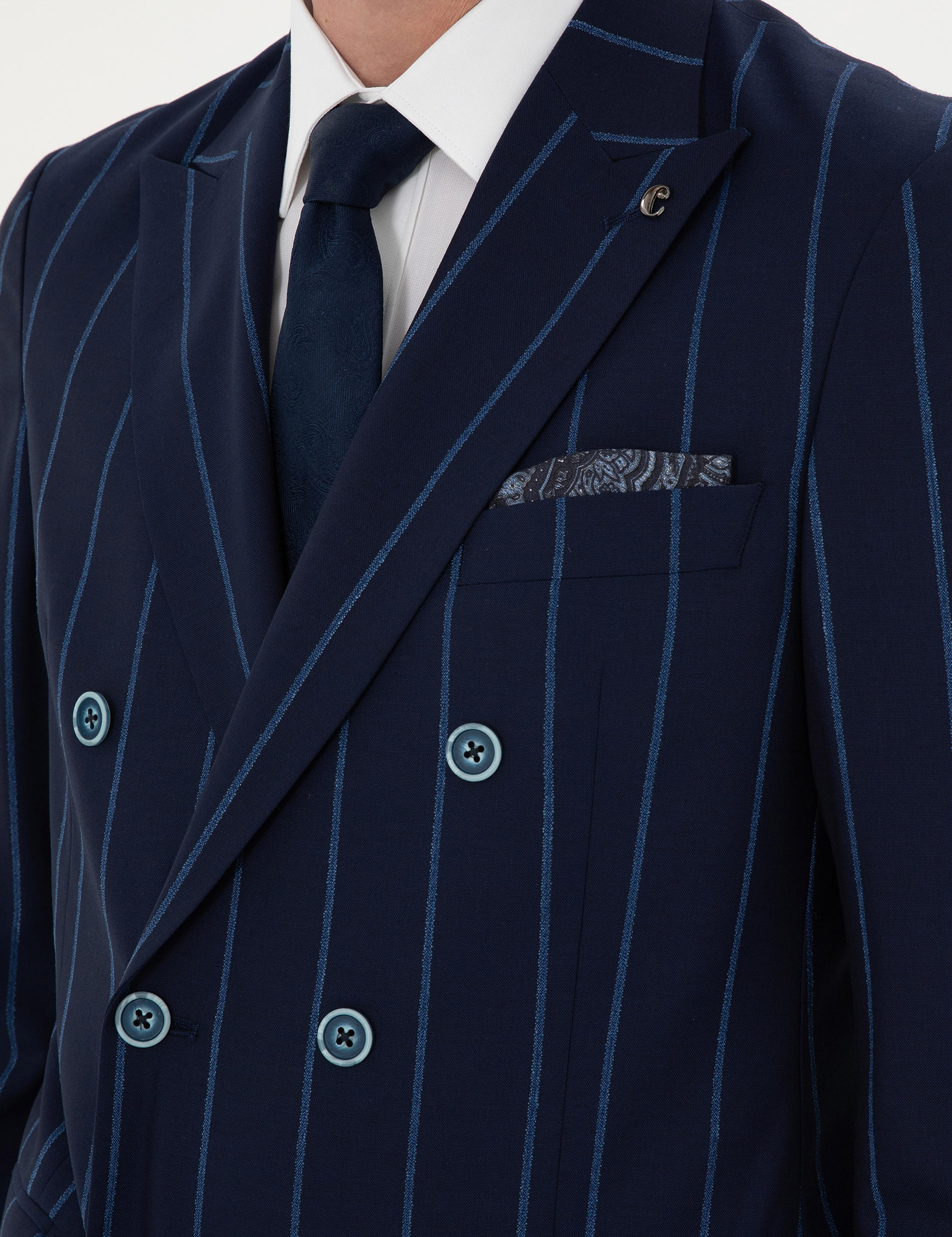Lacivert Slim Fit Çizgili Yün Takım Elbise - 50284848005