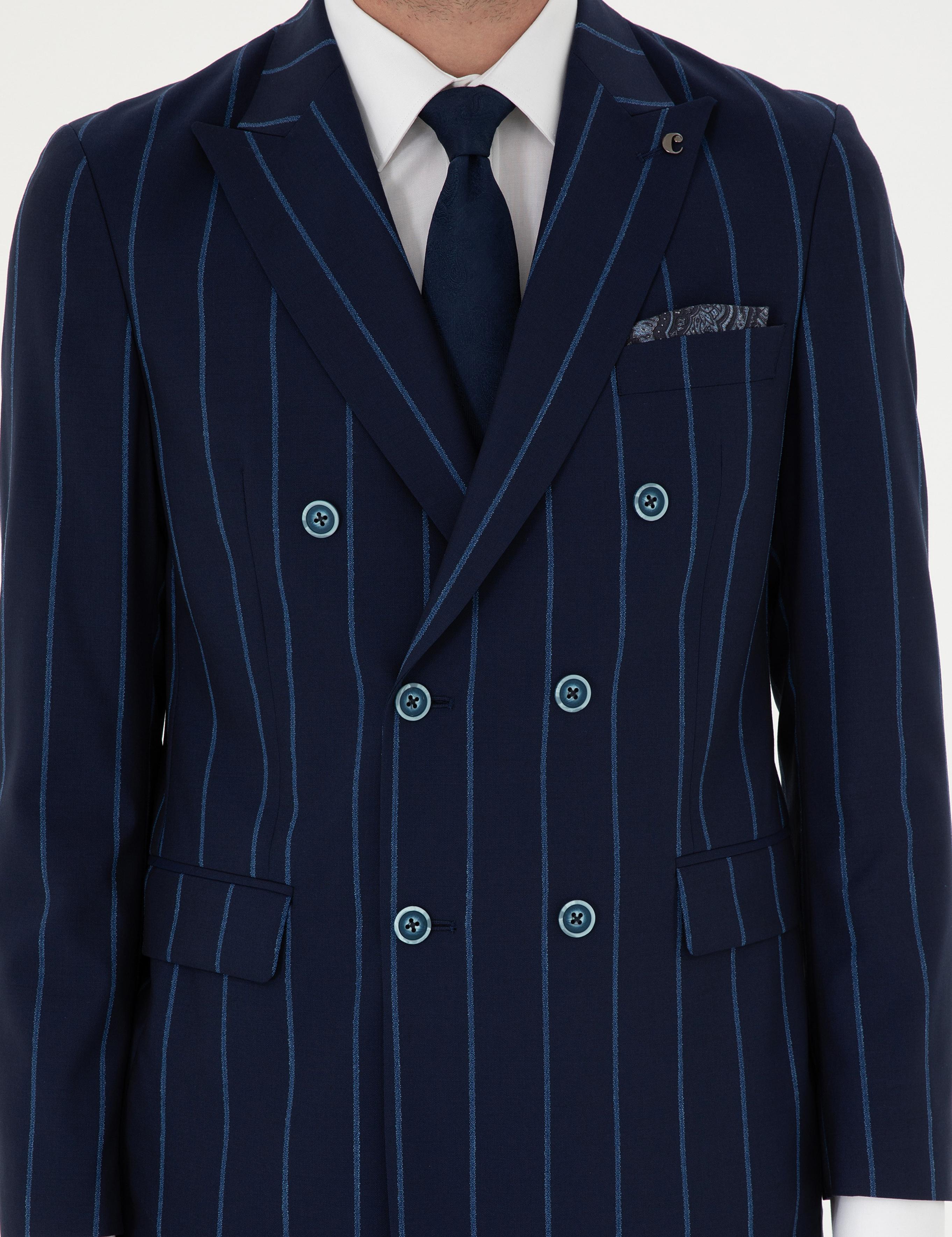 Lacivert Slim Fit Çizgili Yün Takım Elbise - 50284848005