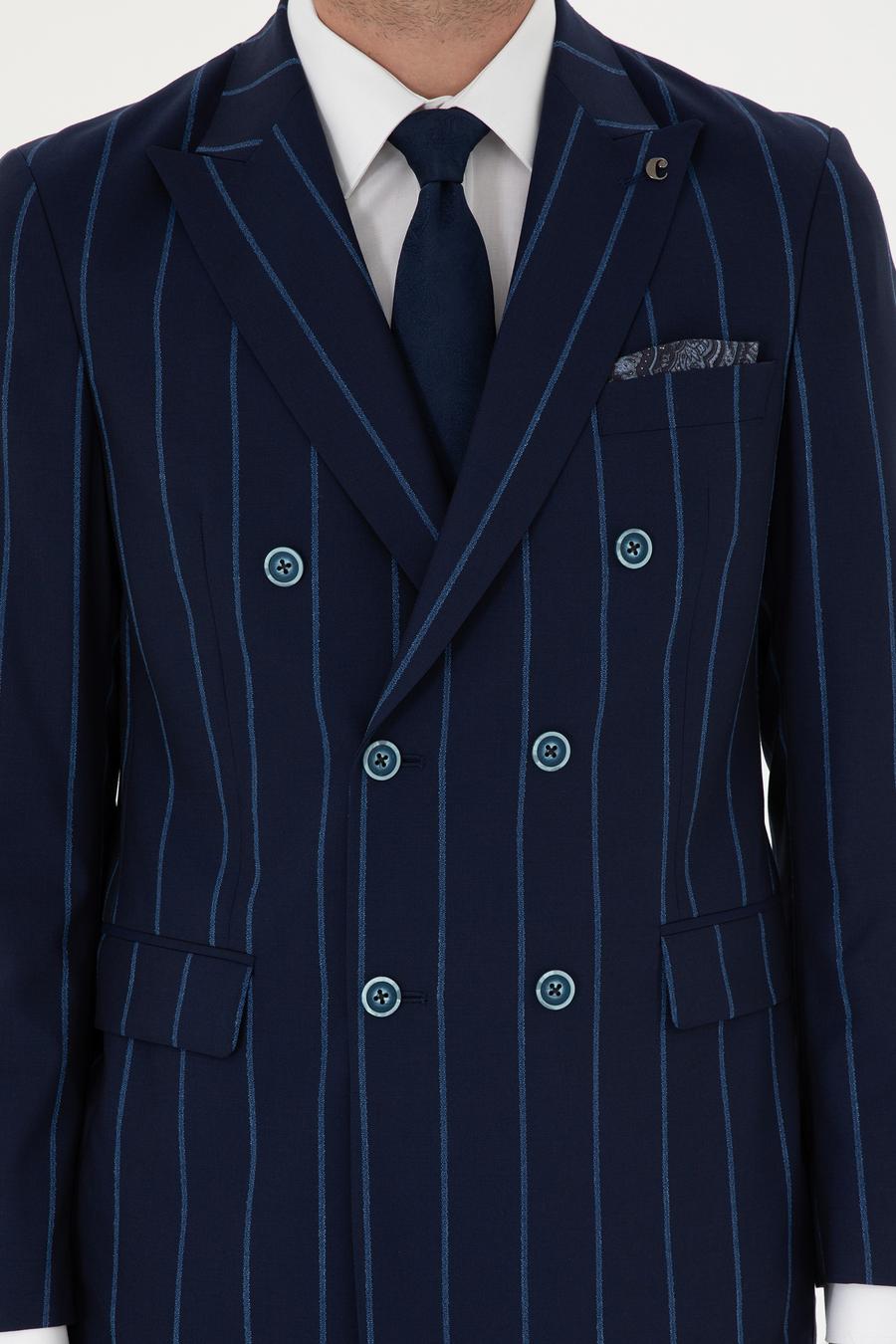 Lacivert Slim Fit Çizgili Yün Takım Elbise - 50284848005