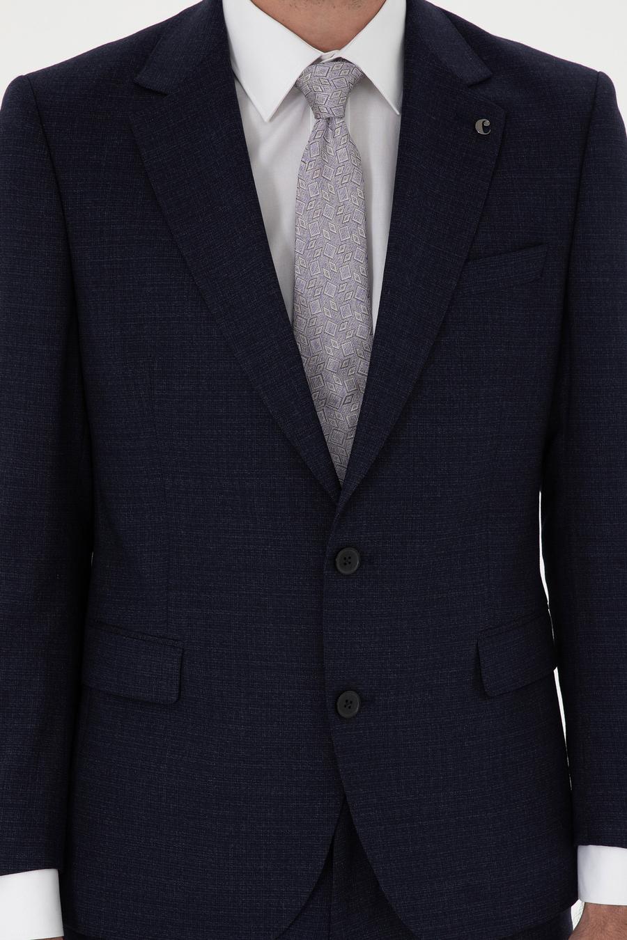 Lacivert Slim Fit Mikro Desenli Mono Yaka Yün Karışımlı Takım Elbise - 50272937062