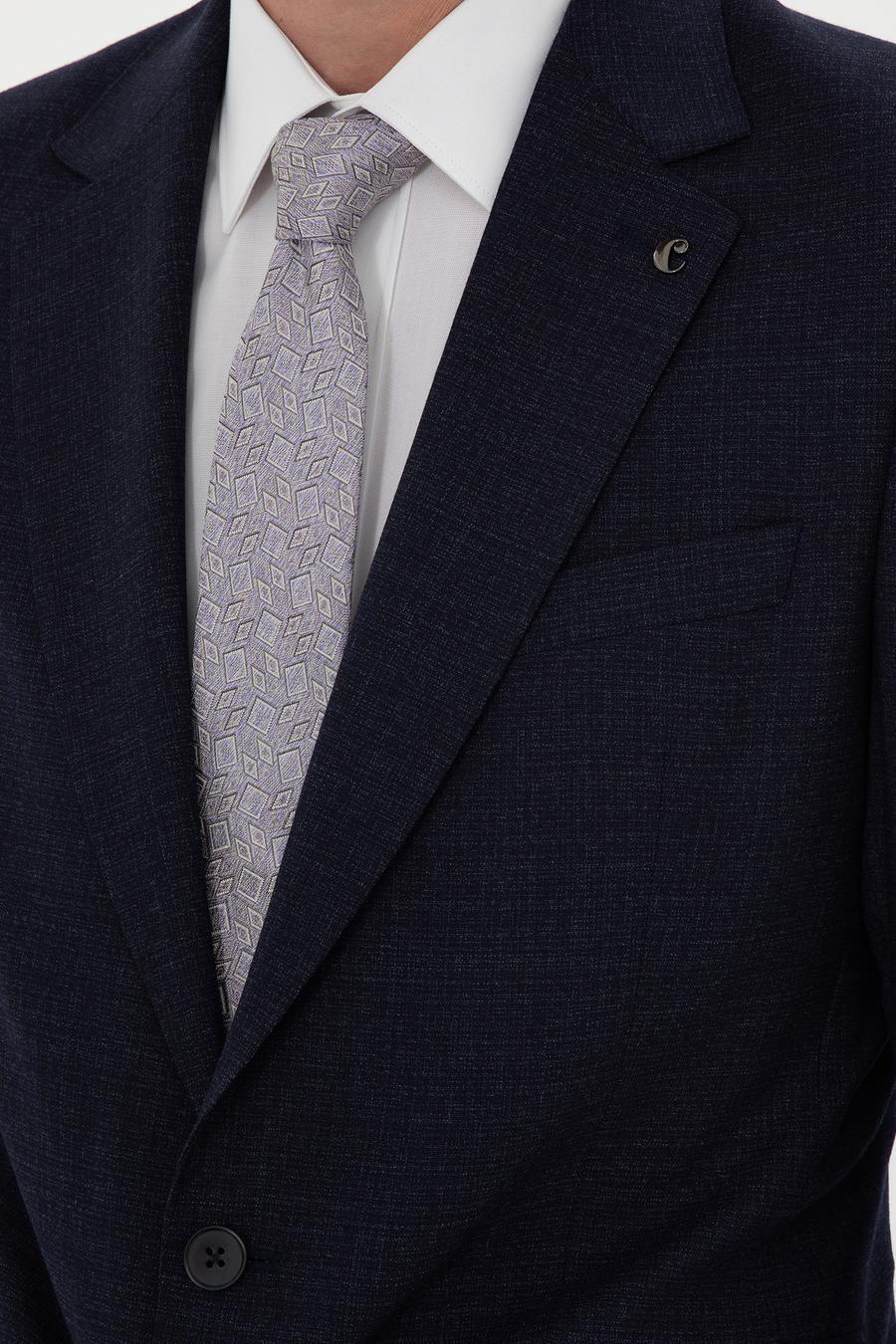 Lacivert Slim Fit Mikro Desenli Mono Yaka Yün Karışımlı Takım Elbise - 50272937062