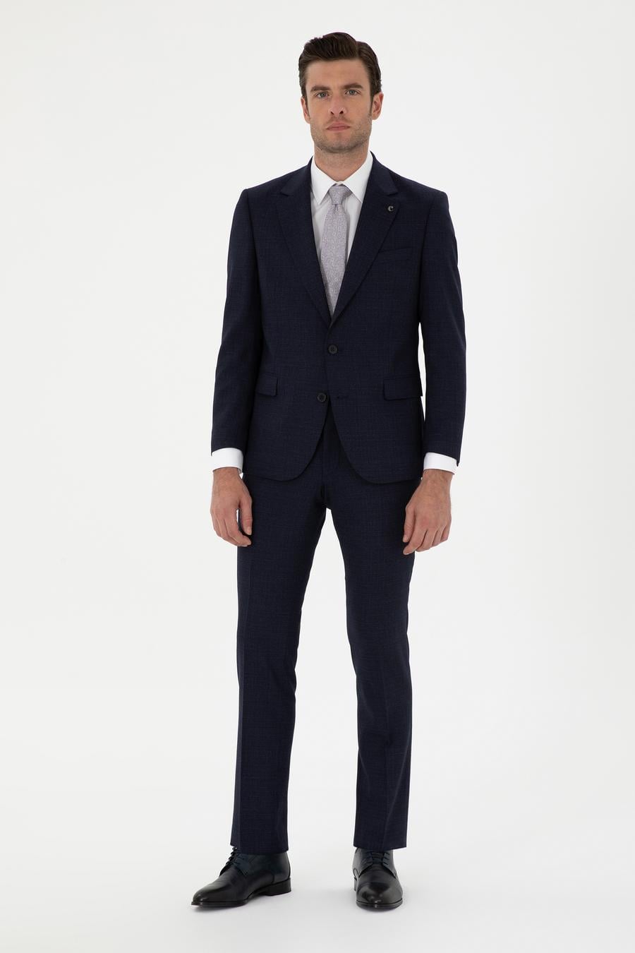 Lacivert Slim Fit Mikro Desenli Mono Yaka Yün Karışımlı Takım Elbise - 50272937062