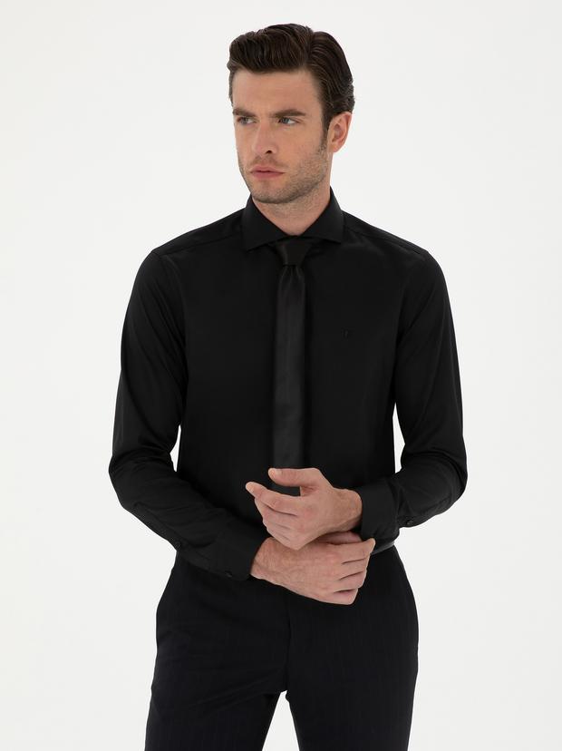 Siyah Slim Fit Uzun Kollu Basic Gömlek