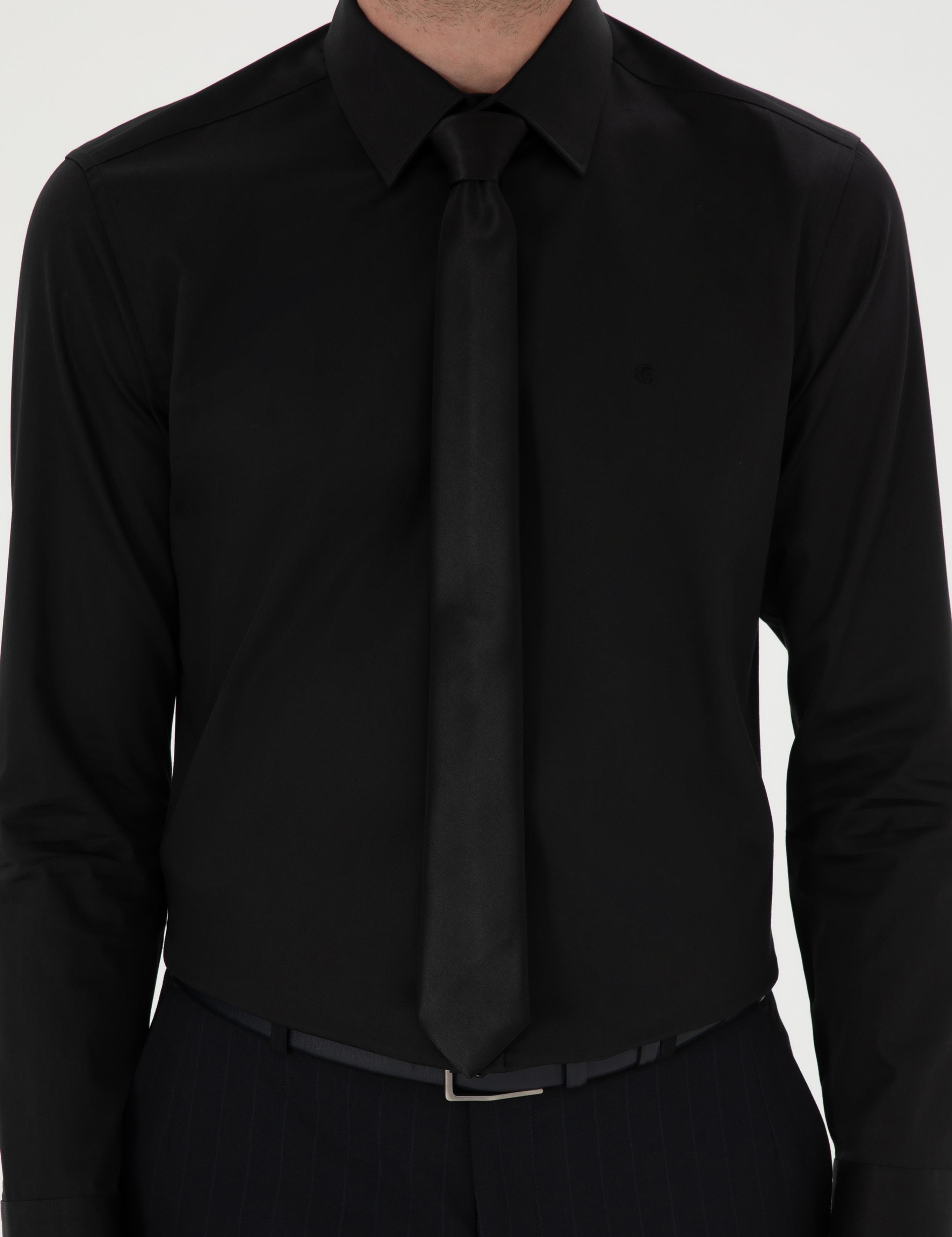 Siyah Slim Fit Pamuk Klasik Gömlek - 50285570054