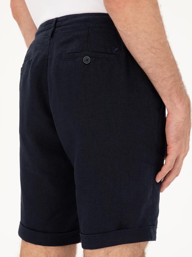 Lacivert Regular Fit Beli Lastikli %100 Keten Şort