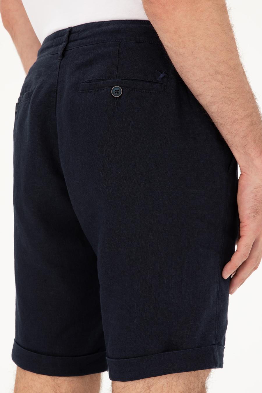 Lacivert Regular Fit Beli Lastikli %100 Keten Şort - 50288986017