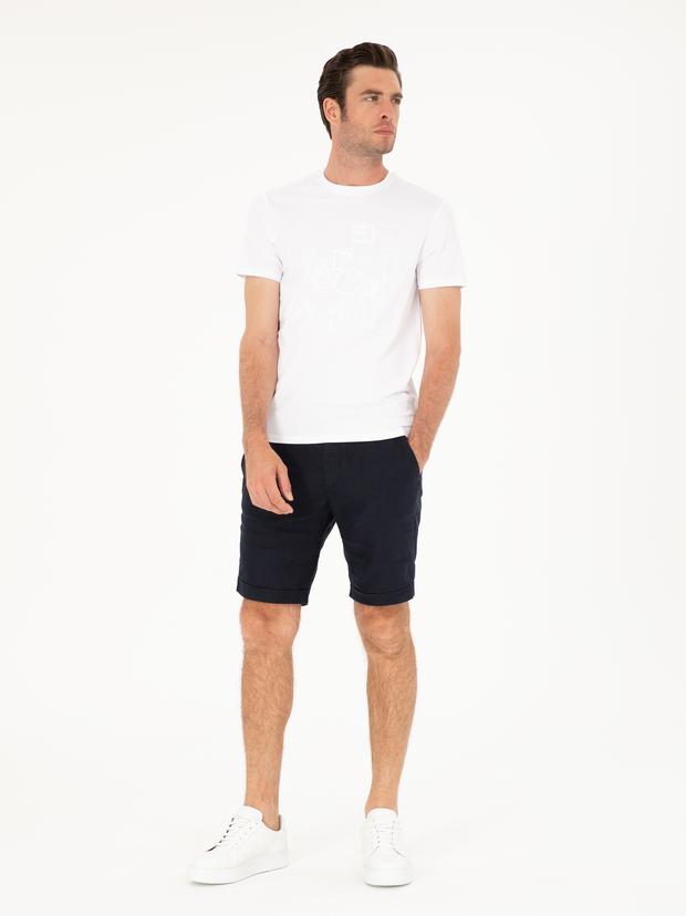 Lacivert Regular Fit Beli Lastikli %100 Keten Şort