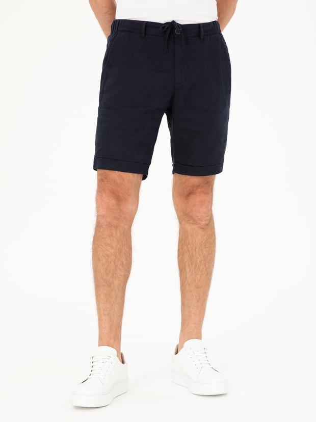 Lacivert Regular Fit Beli Lastikli %100 Keten Şort