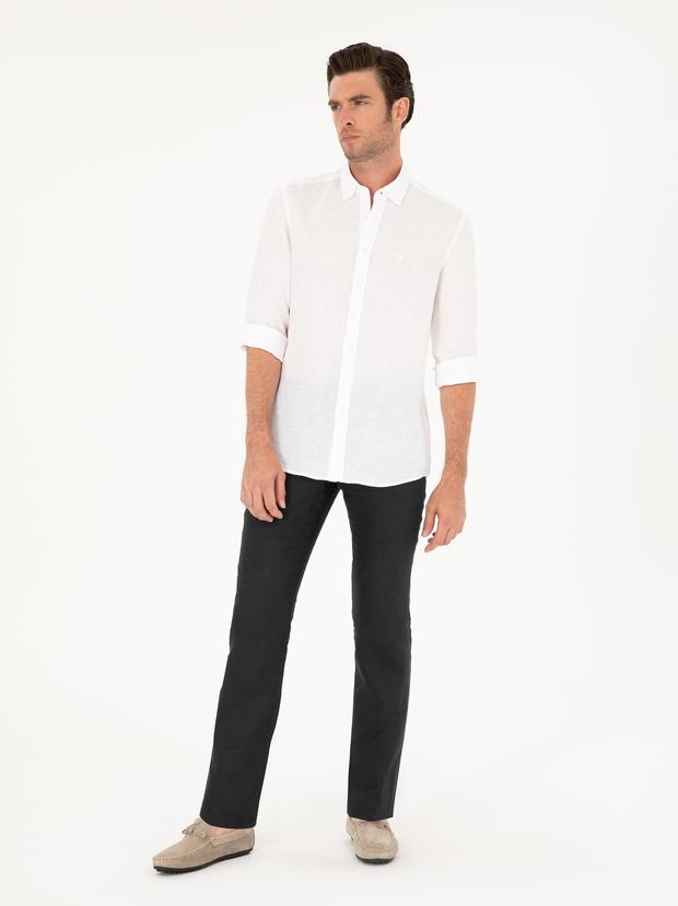 Siyah Slim Fit %100 Keten Pantolon