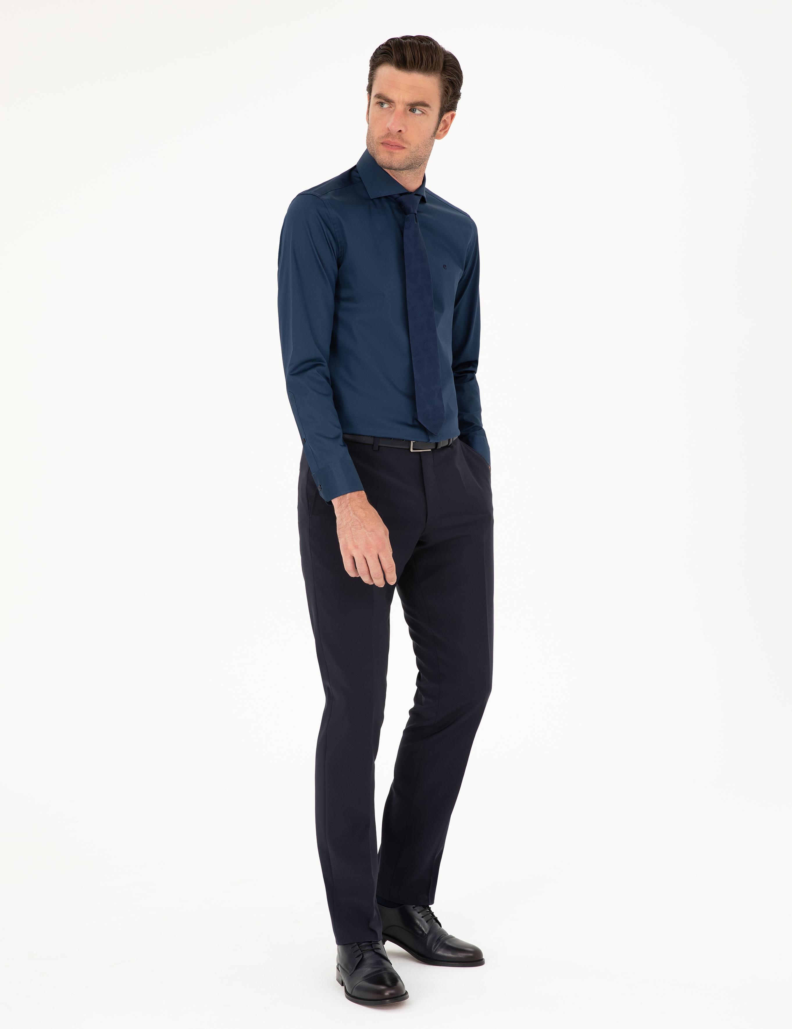 Lacivert Slim Fit Pamuk Klasik Gömlek - 50287784038