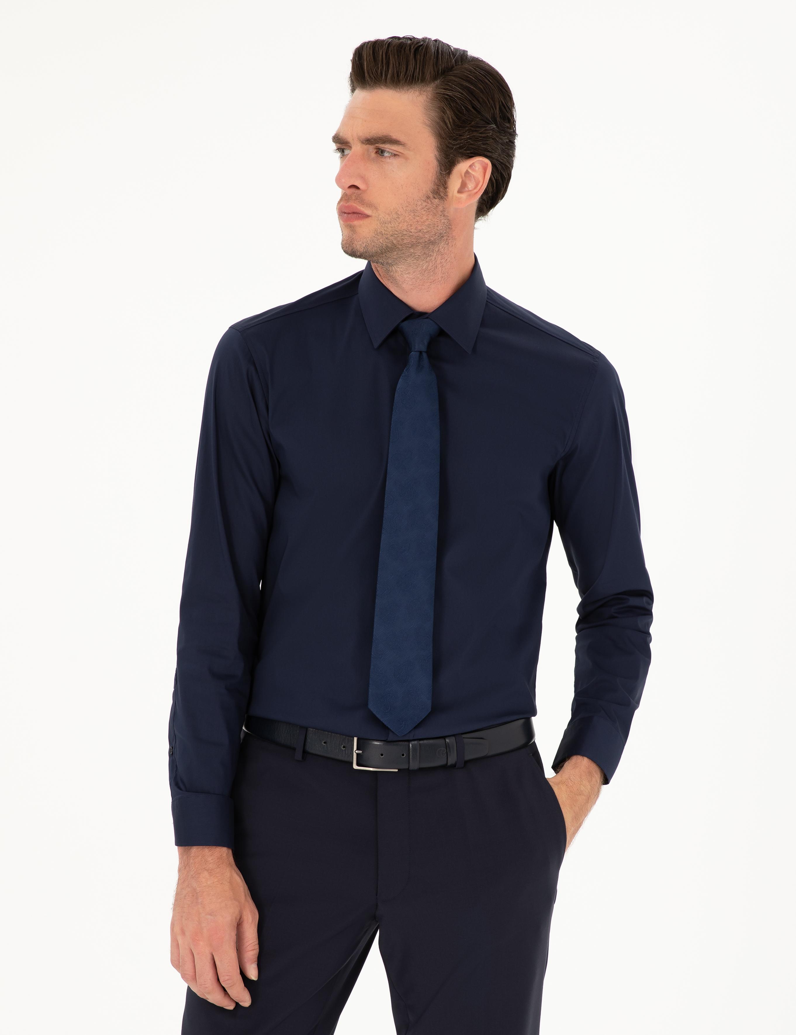 Lacivert Slim Fit Pamuk Karışımlı Gömlek - 50284433026