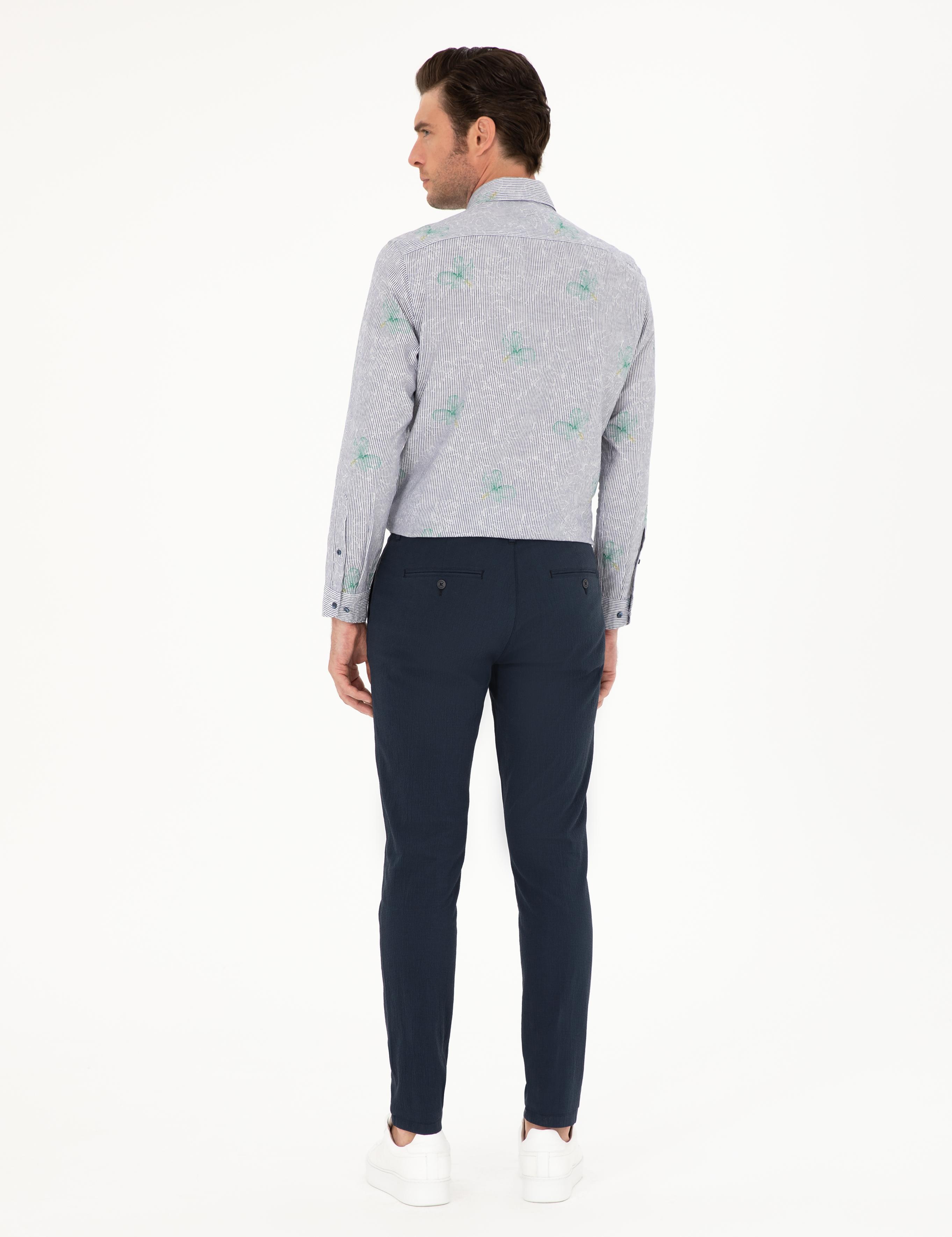 Lacivert Slim Fit Beli Bağcıklı Kanvas Pantolon - 50284664198