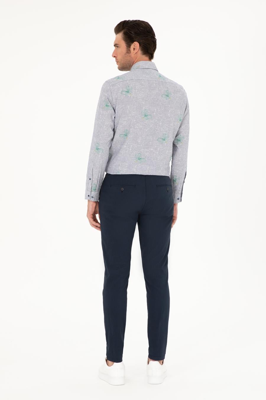 Lacivert Slim Fit Beli Bağcıklı Kanvas Pantolon - 50284664198