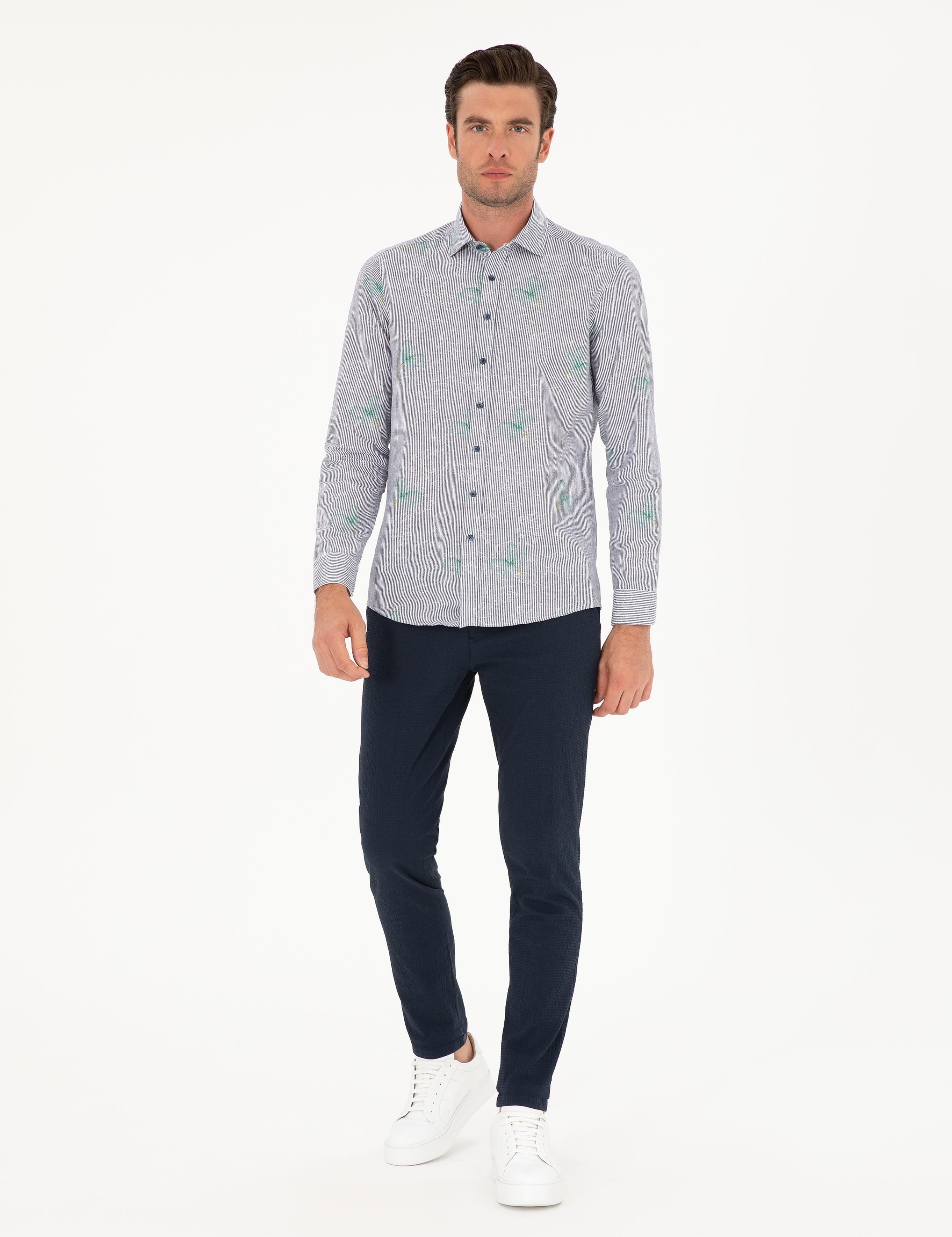 Lacivert Slim Fit Beli Bağcıklı Kanvas Pantolon - 50284664198