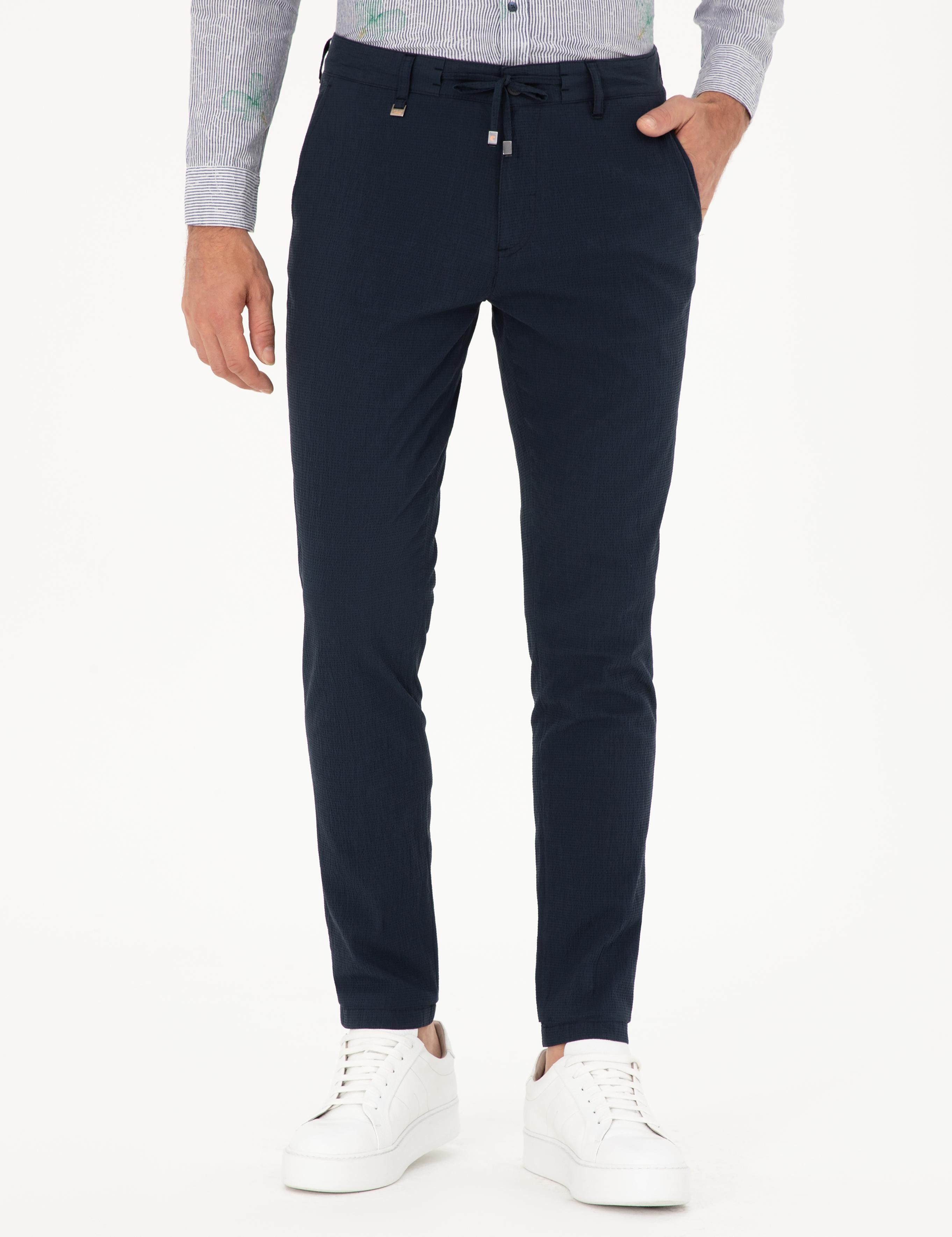 Lacivert Slim Fit Beli Bağcıklı Kanvas Pantolon - 50284664198