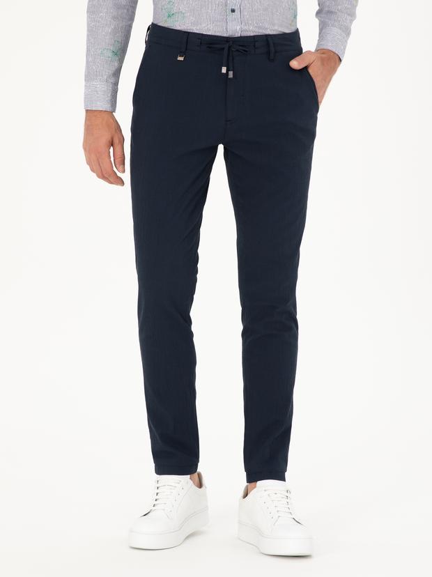 Lacivert Slim Fit Beli Bağcıklı Kanvas Pantolon