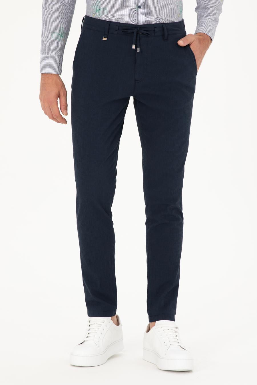 Lacivert Slim Fit Beli Bağcıklı Kanvas Pantolon - 50284664198