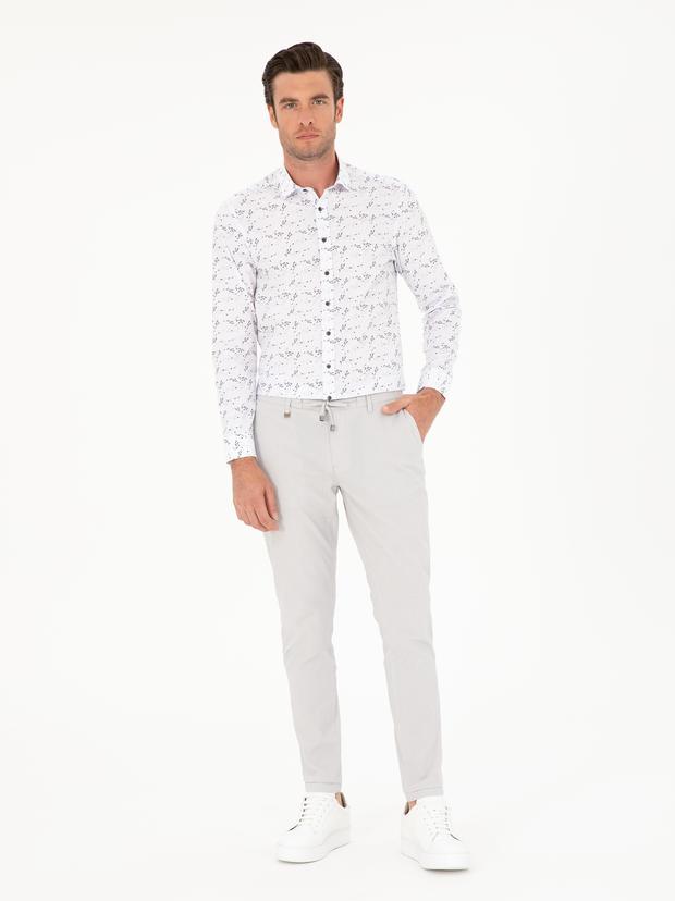 Açık Gri Slim Fit Beli Bağcıklı Kanvas Pantolon