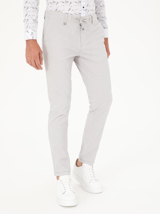 Açık Gri Slim Fit Beli Bağcıklı Kanvas Pantolon