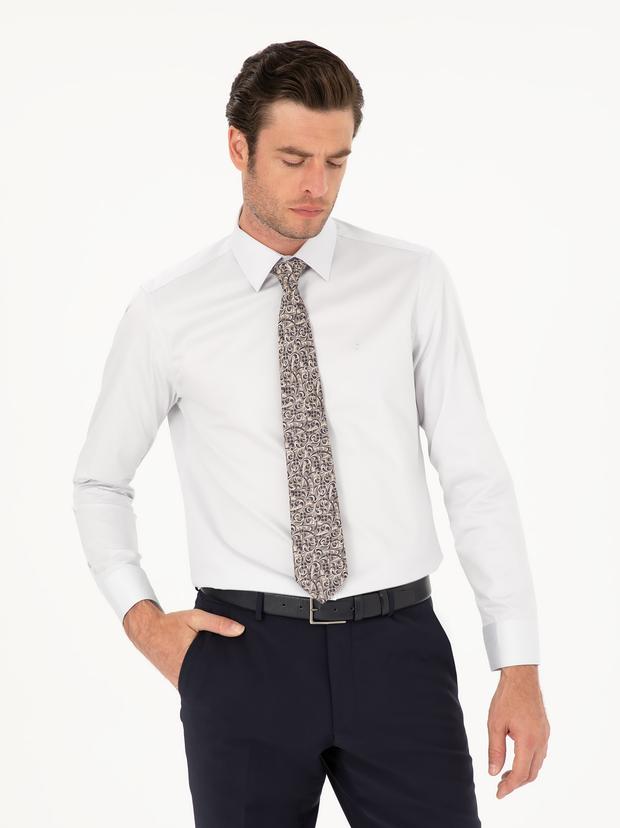 Açık Gri Slim Fit Uzun Kollu Basic Gömlek