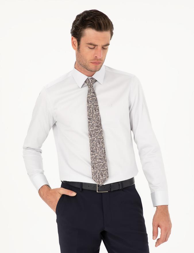 Açık Gri Slim Fit Uzun Kollu Basic Gömlek
