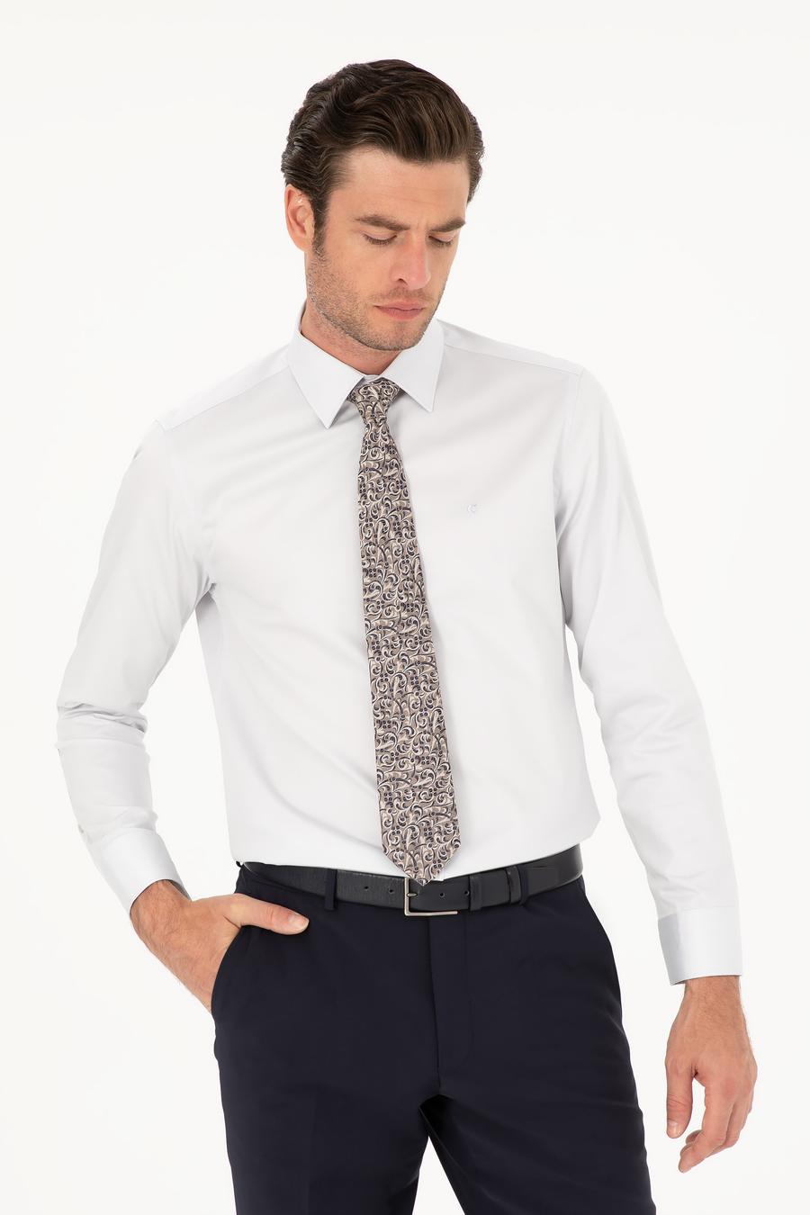 Açık Gri Slim Fit Uzun Kollu Basic Gömlek - 50285570075