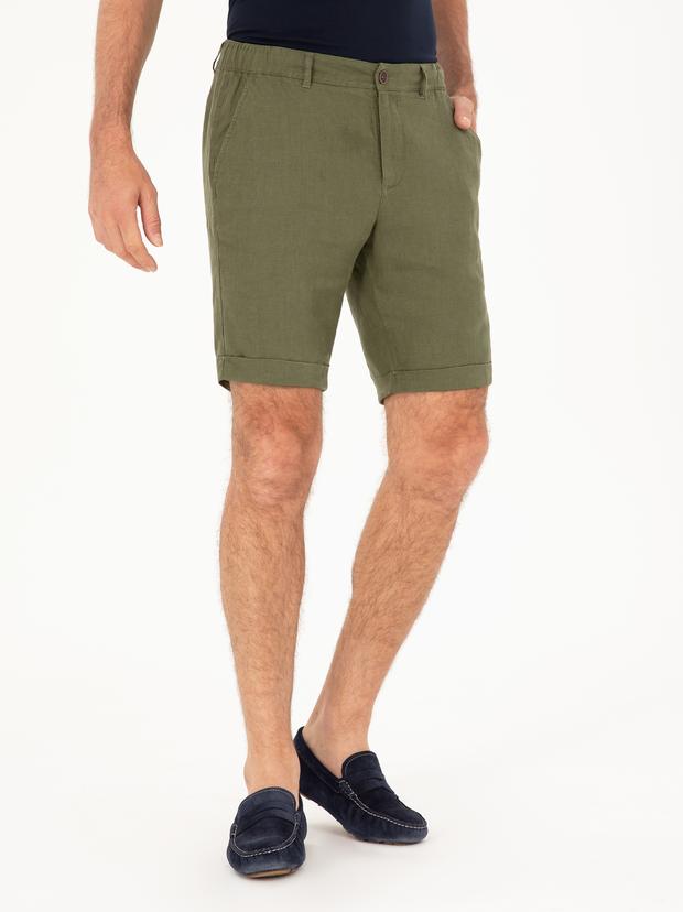 Haki Regular Fit Beli Lastikli %100 Keten Şort
