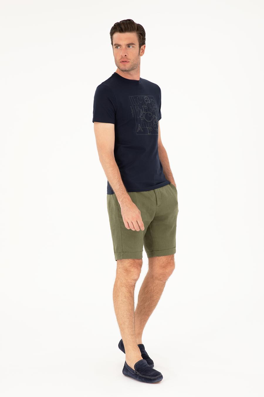 Haki Regular Fit Beli Lastikli %100 Keten Şort - 50288986010